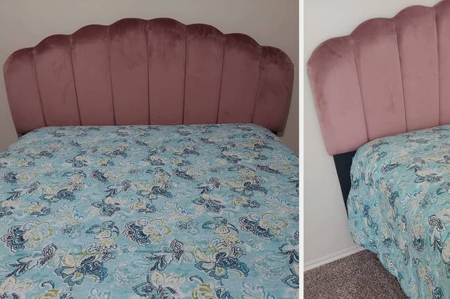 Reviewer image of pink velvet headboard with rounded top and vertical tufted stitching
