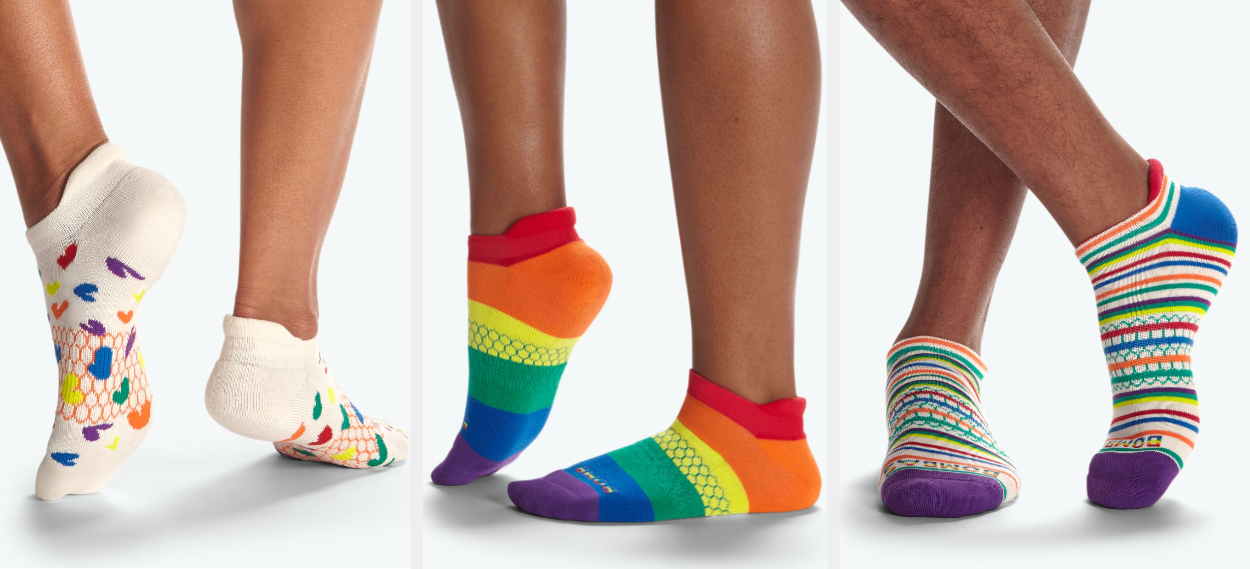 Three images of models wearing colorful socks