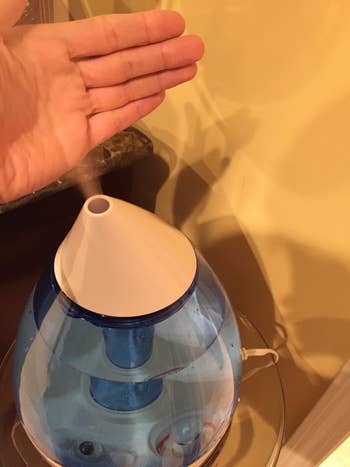 reviewer photo cupping the steam coming out of water droplet shaped humidifier