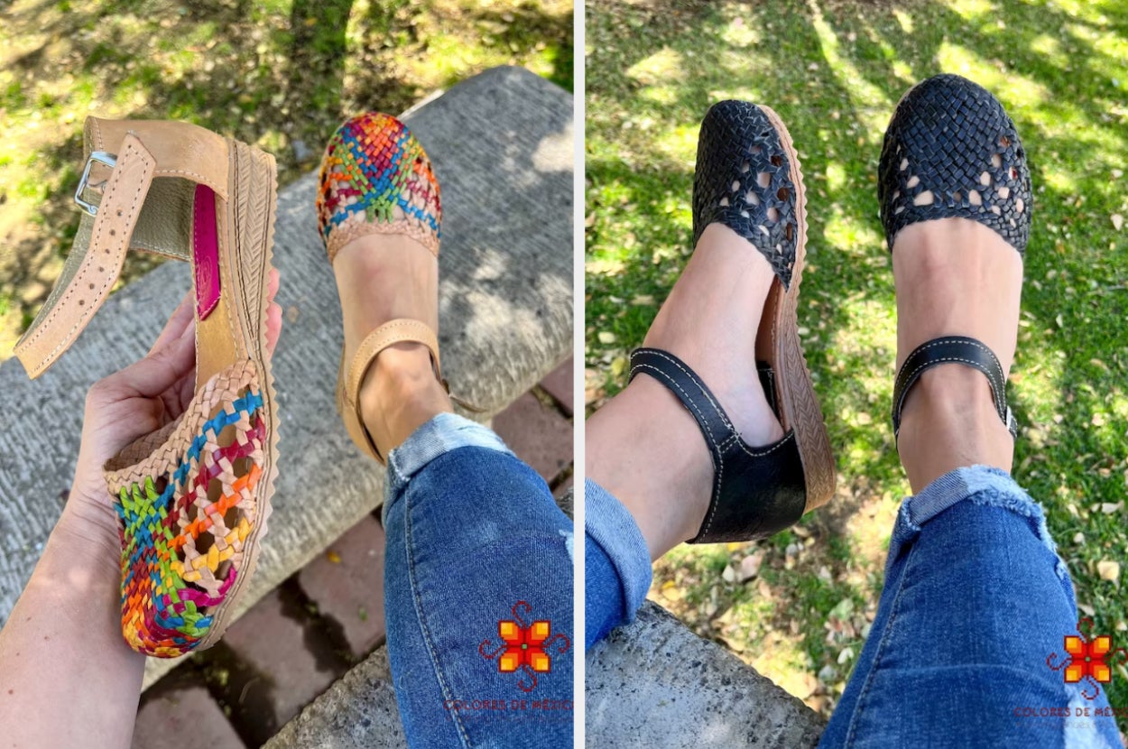Two images of model wearing colorful and black sandals