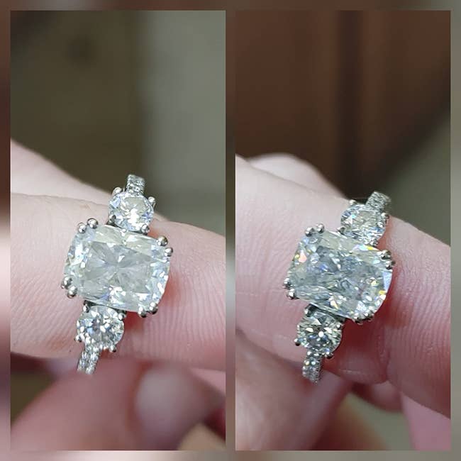 before-and-after of cloudy diamond ring (left) and same ring with less cloudiness after using the jewelry cleaning pen