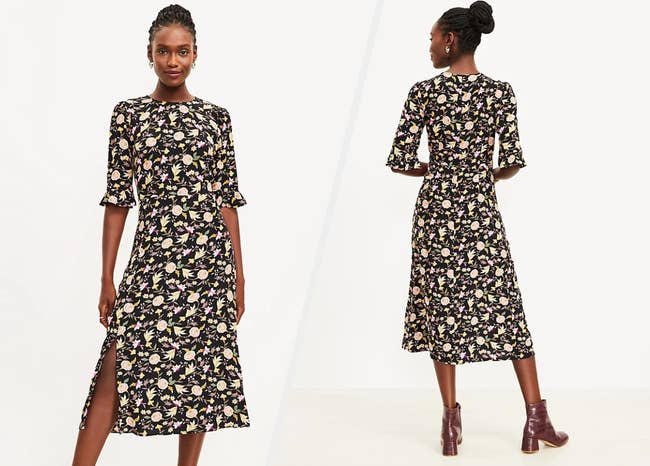 Two images of a model wearing black floral midi dress