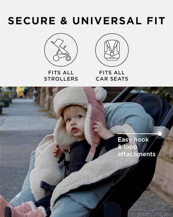 Toddler successful a stroller with cozy cover; substance highlights its unafraid acceptable for strollers and car seats, with hook and loop attachments