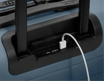 the carry on with a USB charger coming out a suitcase charger port