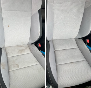 reviewer's car seat before using Bissell with stains and after with stains removed