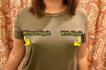 b&a of reviewer wearing green tee without Nippie cover (left) and with Nippie cover (right)