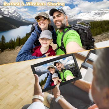Family taking a upland  selfie with instant sharing shown connected  a integer  framework  held by an older big  indoors
