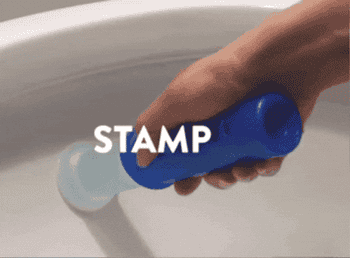 Gif of a hand stamping the gel in a toilet, the toilet flushing, and arrows showing how the gel is able to clean the bowl
