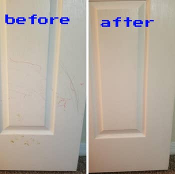 reviewer before and after photos showing a white door with crayon scribbles on it next to the same door without the markings