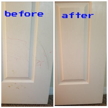 reviewer before and after photos showing a white door with crayon scribbles on it next to the same door without the markings