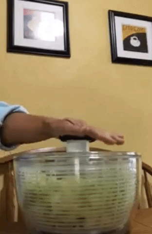 GIF of reviewer spinning lettuce in the salad spinner