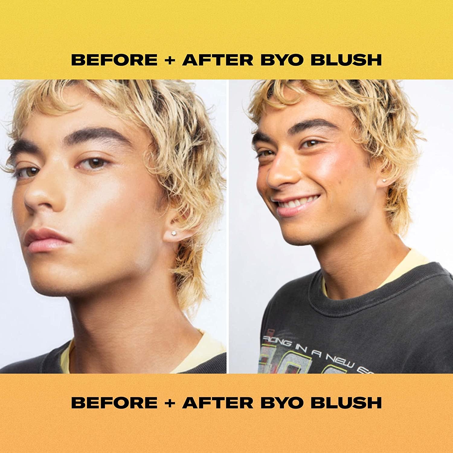Before and after image of a model without and with a rosy toned blush on their cheeks 