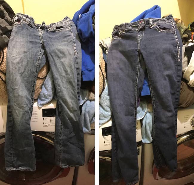  on the left, a reviewer photo of faded jeans and, on the right, the same jeans dyed to a darker shade of blue 