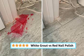tile floor before and after using the grout cleaner to remove red nail polish