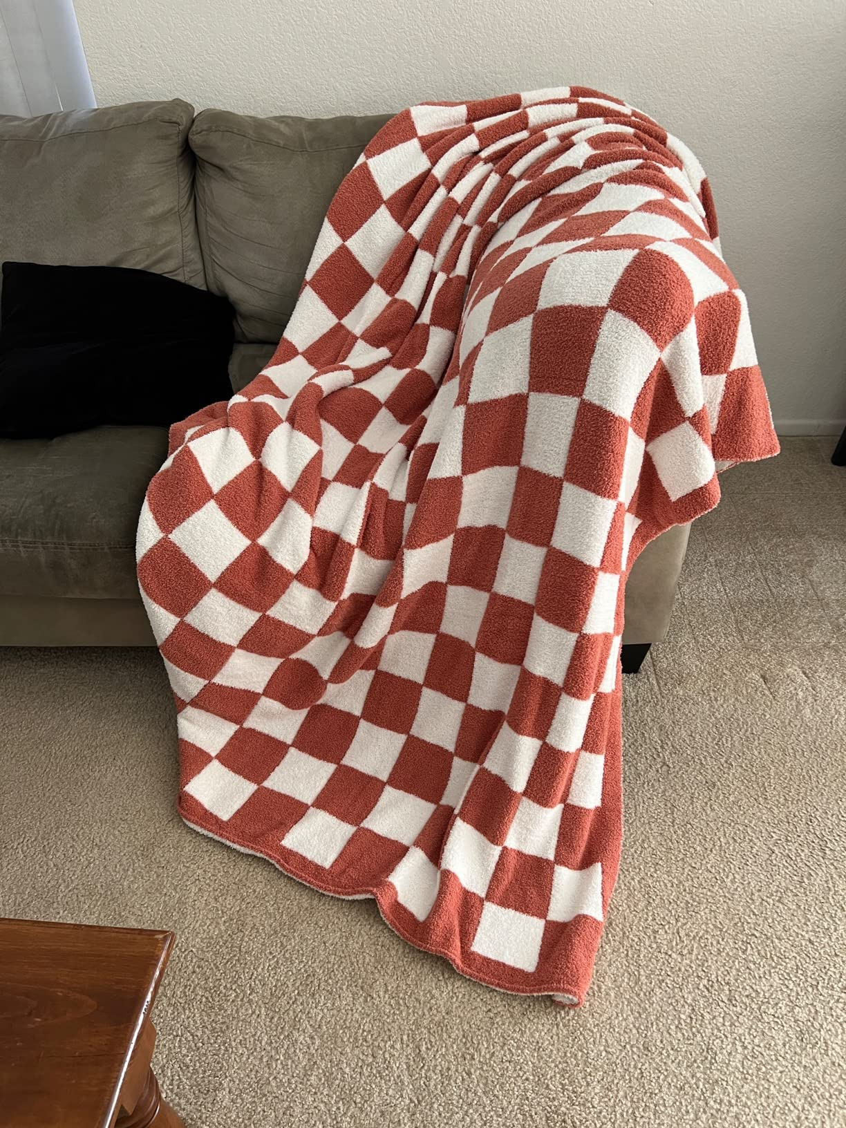 Checkered pattern blanket draped over a sofa, showcasing home decor style