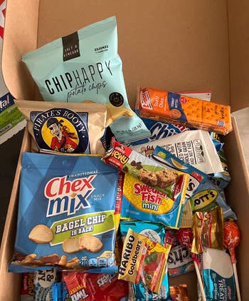 A look inside the box filled with snacks