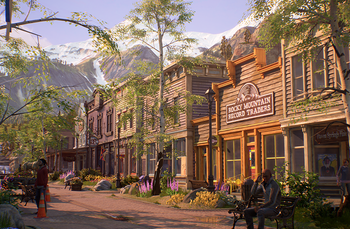 a screenshot from the game showing a sun-soaked town 