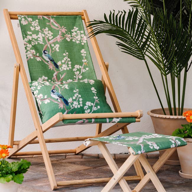 a cabana chair in the cherry blossom print