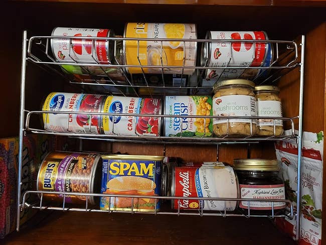 A reviewer photo of a well-organized pantry shelf with various canned foods, including Bush’s beans, SPAM, Campbell’s soup, mushrooms, and marinated artichoke hearts