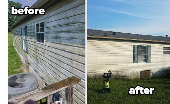 before/after of the outside of a house that's been cleaned using a pressure washer