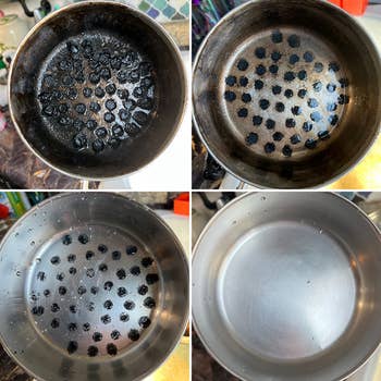 reviewers pot with burnt spots on it before and then after with spots gone from cleaning with Pink Stuff