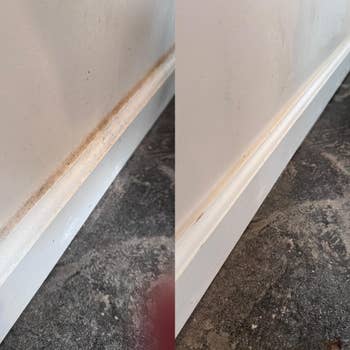 Reviewer's baseboards before and after using spin scrubber