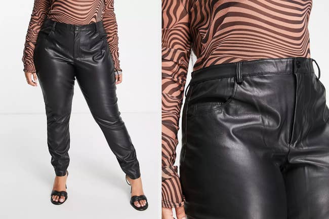 Model wearing black high-waisted faux leather skinny pants paired with brown and pink swirl shirt and black heels, close up of front of pants with belt loops and front zipper
