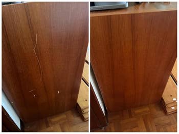 Two wood panels shown broadside by side; near sheet has scratches and marks, close sheet is creaseless and clean, suggesting a before-and-after restoration