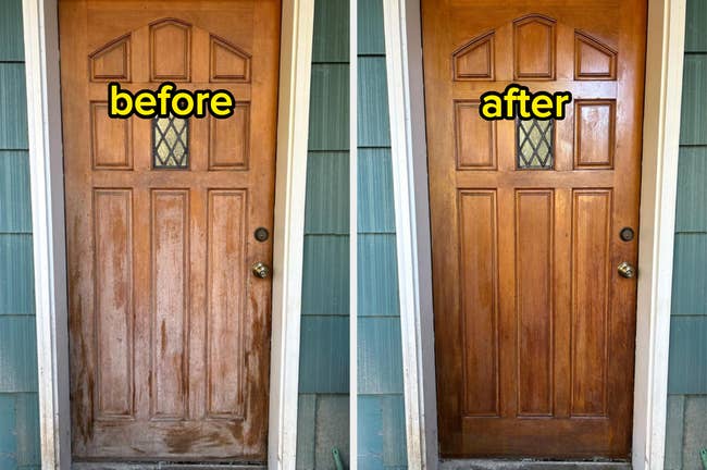 Before and aft images of a woody door, showing a translation from worn to polished condition