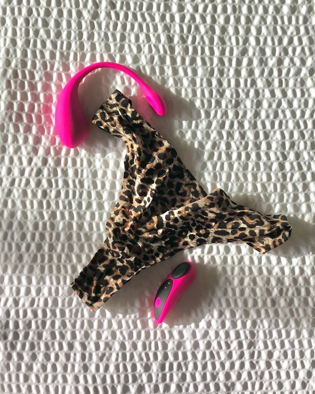Pink panty vibrator next to leopard underwear