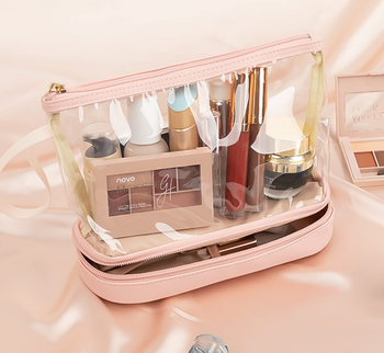 product image of makeup products in clear pink makeup bag