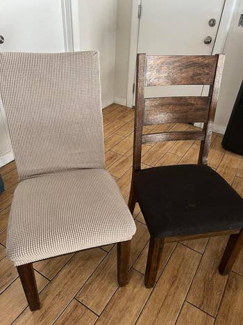 reviewer's chairs, one without a seat cover and one with a khaki slipcover