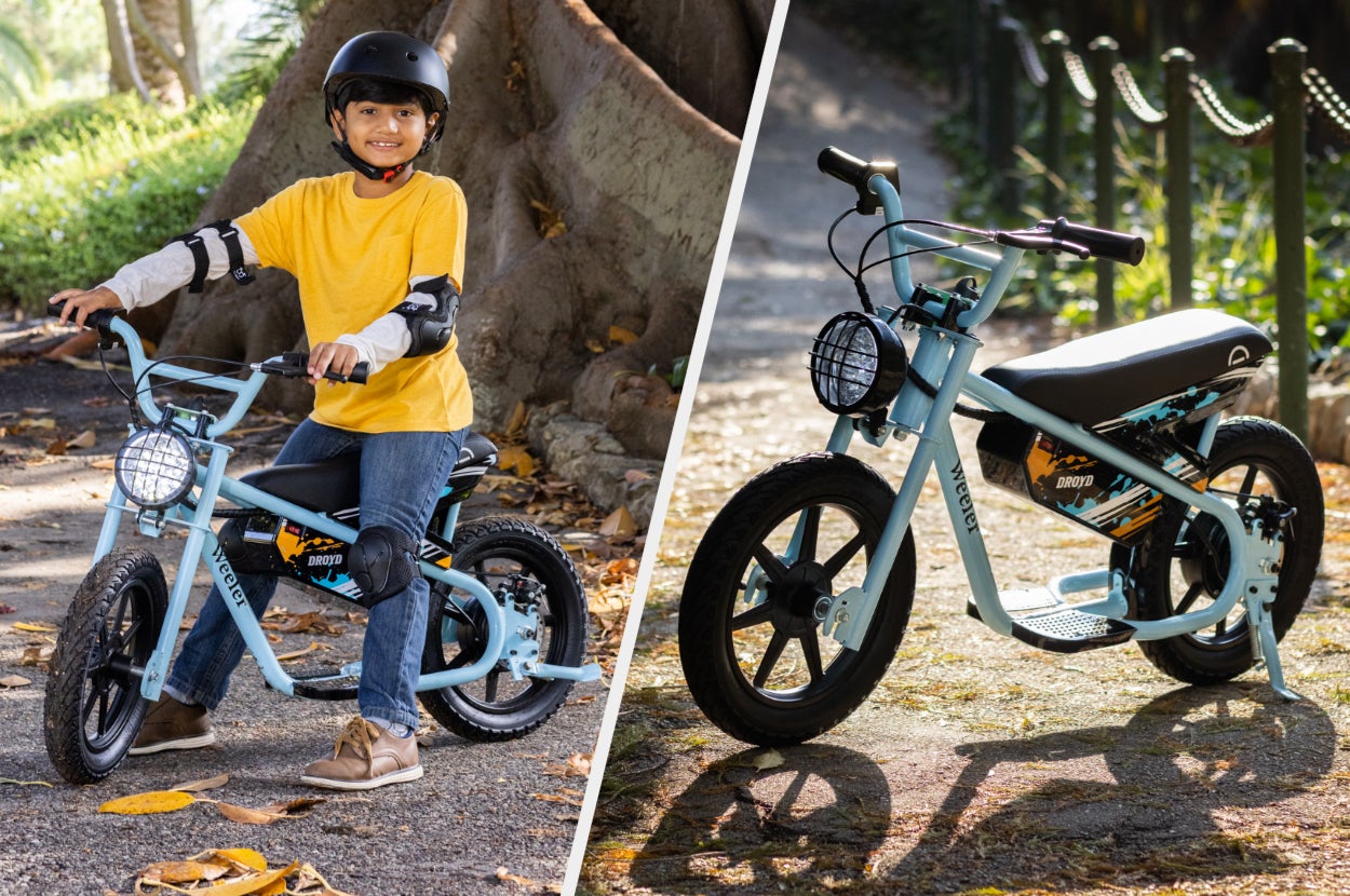Split image of child model riding a blue bike with black wheels and the same bike sans driver with the kickstand down