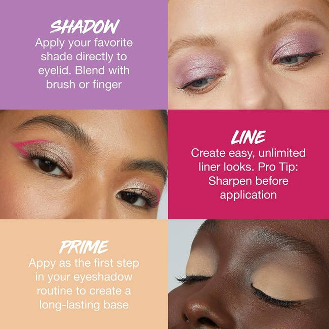 use eyeshadow directly; make liner looks; sharpen earlier use; usage primer for lasting eyeshadow base