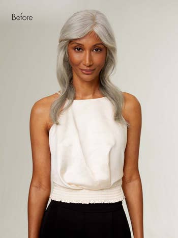 Person with shorter, sleek hairstyle wears a sleeveless top. Image labeled