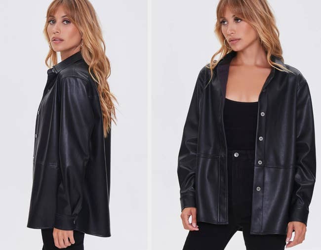 two images of a model wearing the black jacket