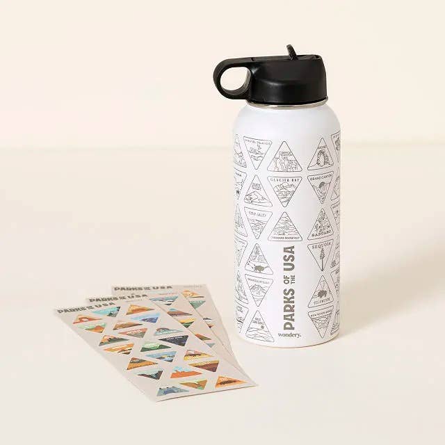 a white water bottle with small designs on it that match a National Park