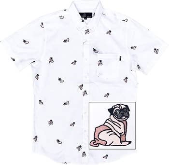 A white short sleeved button down dotted with tiny pugs