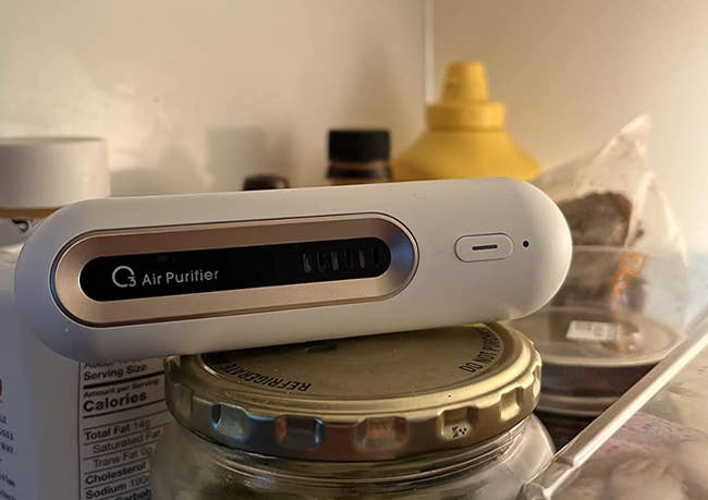 The white thin oval-shaped air purifier in a fridge 