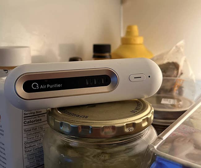 The white thin oval-shaped air purifier in a fridge 