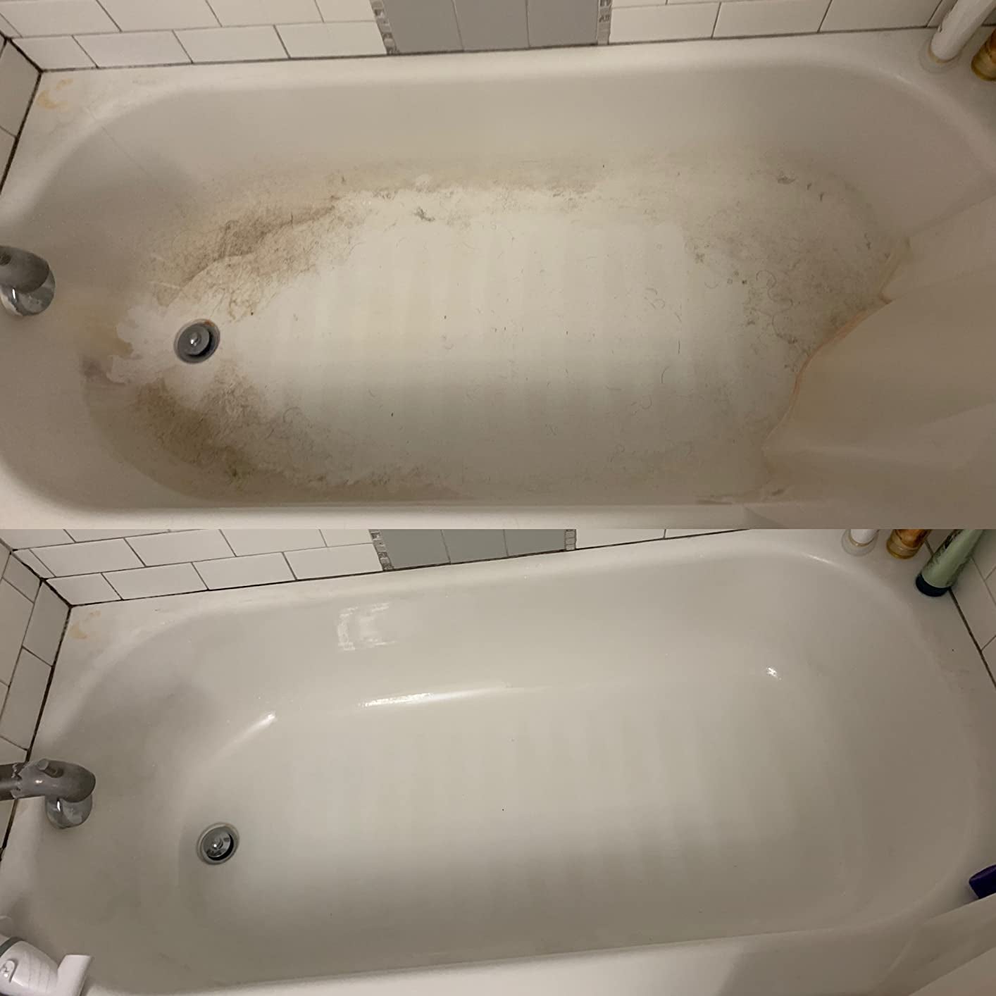 A reviewer's bathtub with visible dirt and the same tub after being cleaned with the spin brush