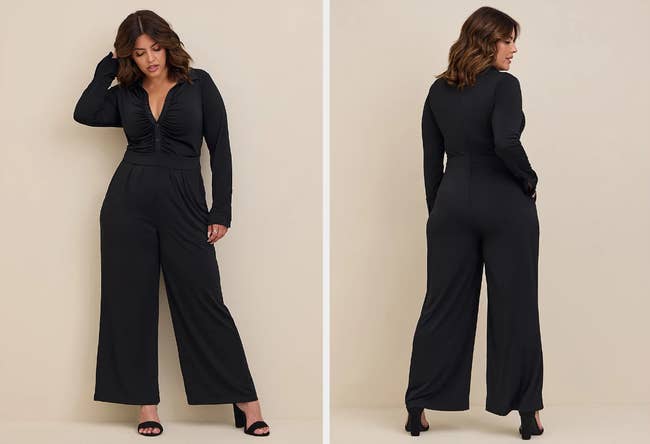 Two images of a model wearing black jumpsuit