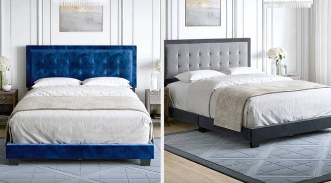 collage of blue and gray velvet platform beds