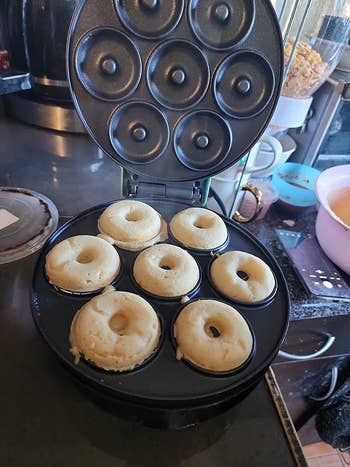 Reviewer's donut machine open showing seven donuts inside
