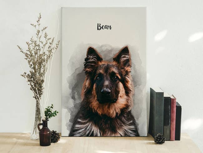 a watercolor pet portrait of a German Shepard dog that says 