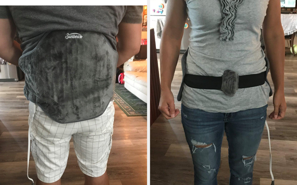 Two images of reviewers wearing gray heating pad