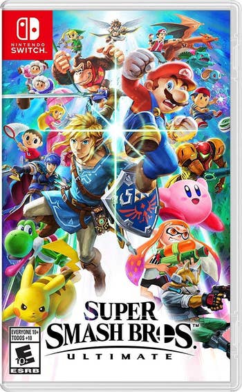 the super smash bros ultimate box art with multiple fighters 