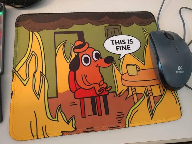a mouse pad of the meme with a dog sitting at a table surrounded by fire saying 