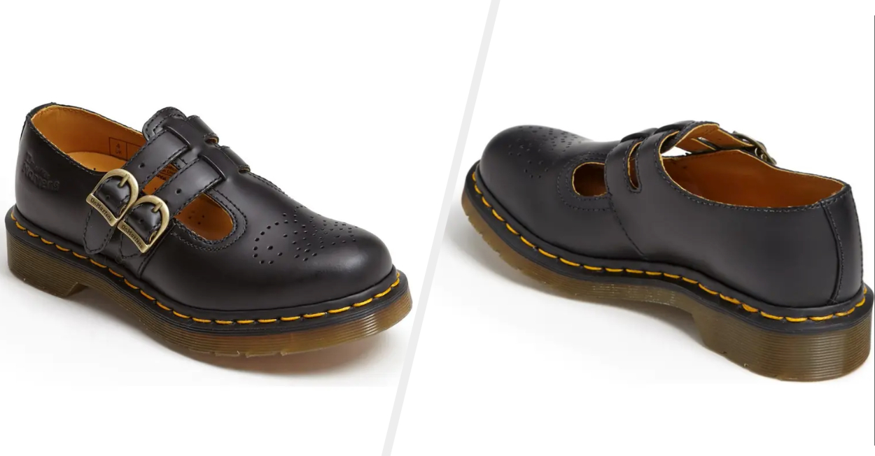 Two images of black Dr. Martens Mary Jane shoes