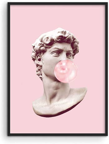Photo of David statue on a pink background with bubblegum